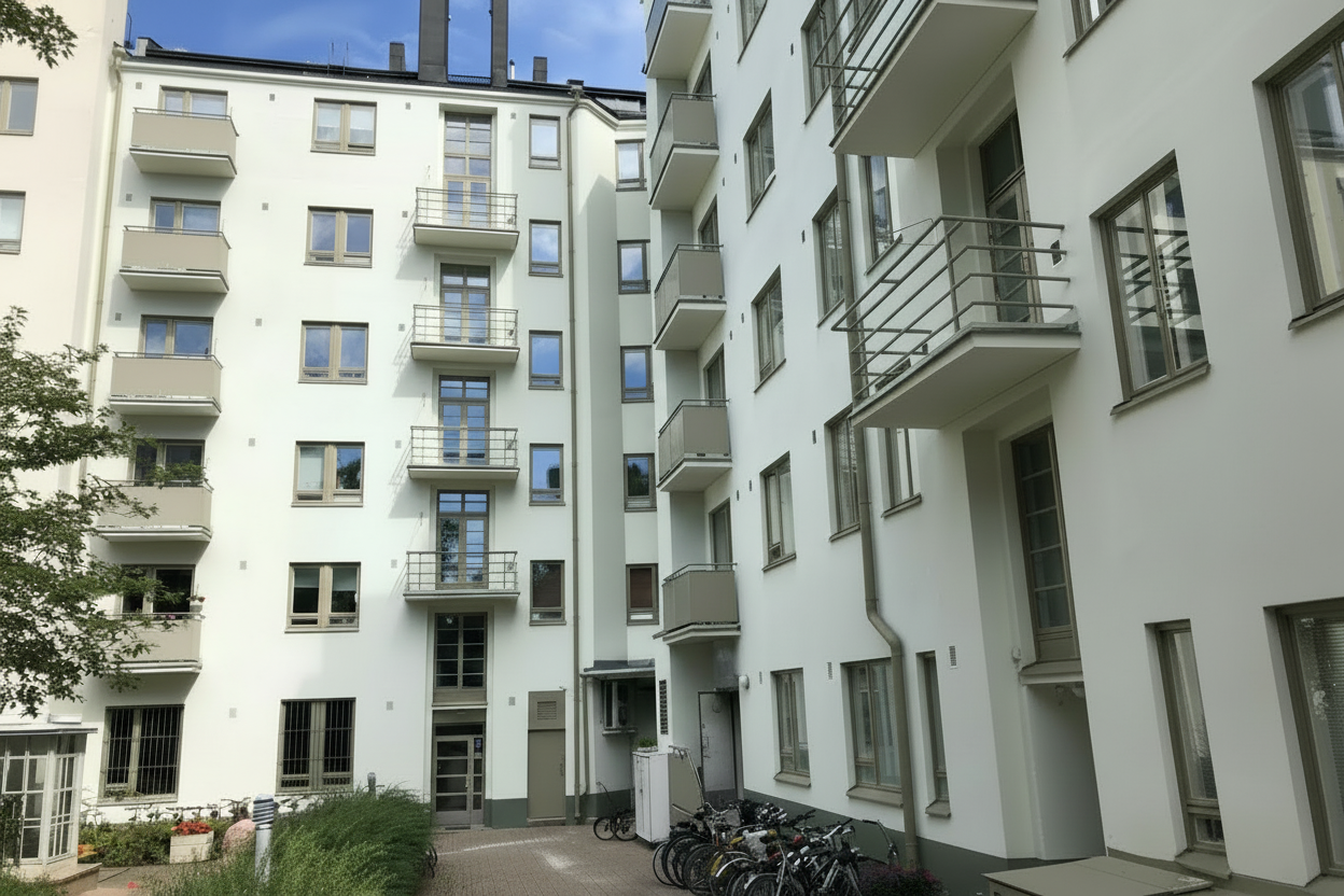 Korterelamu fassaaditööd – hele krohvitud fassaad Helsingis.
